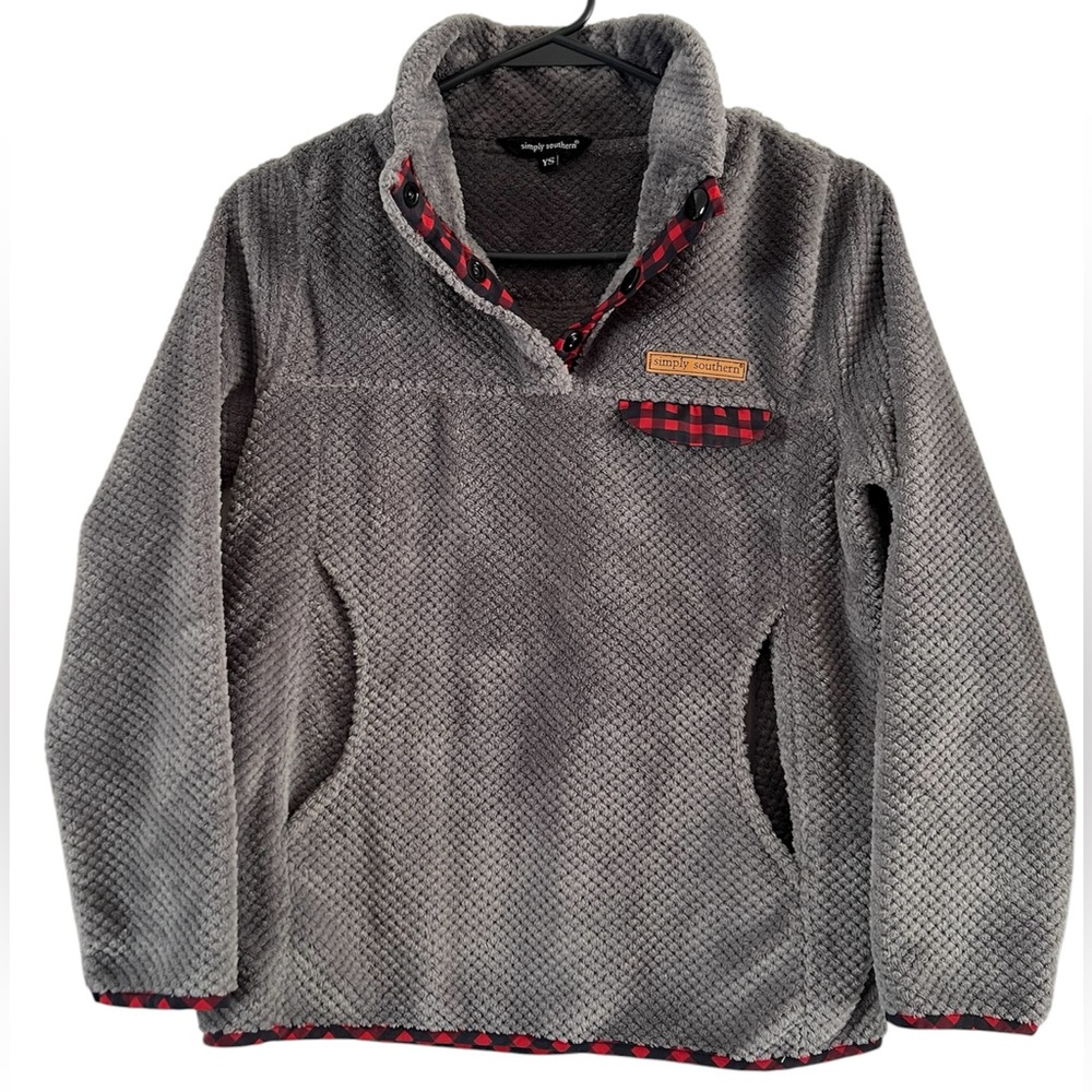 Youth Small Simply Southern Gray Sweater with Red plaid Accents